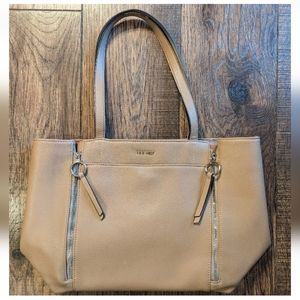 Nine West Solid Tan w/ Magnet Close Shoulder Bag Purse - Two Front Zipper Accent